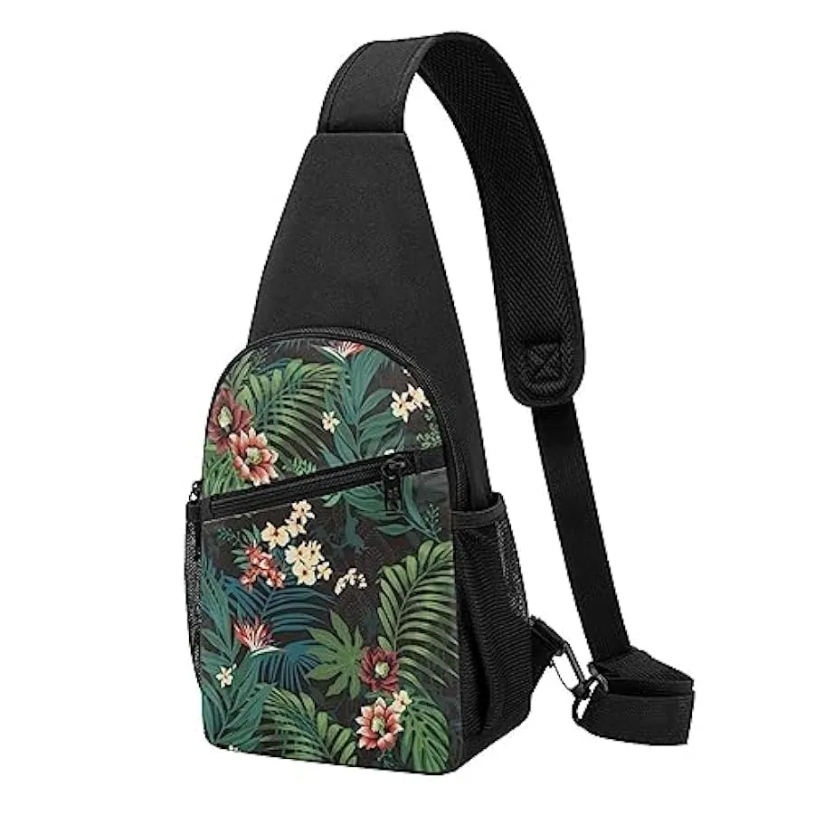 Backpack with floral print and palm leaf design, unisex, shoulder bag, Black, one size, 201690998