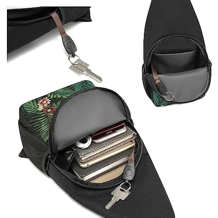 Backpack with floral print and palm leaf design, unisex, shoulder bag, Black, one size, 201690998