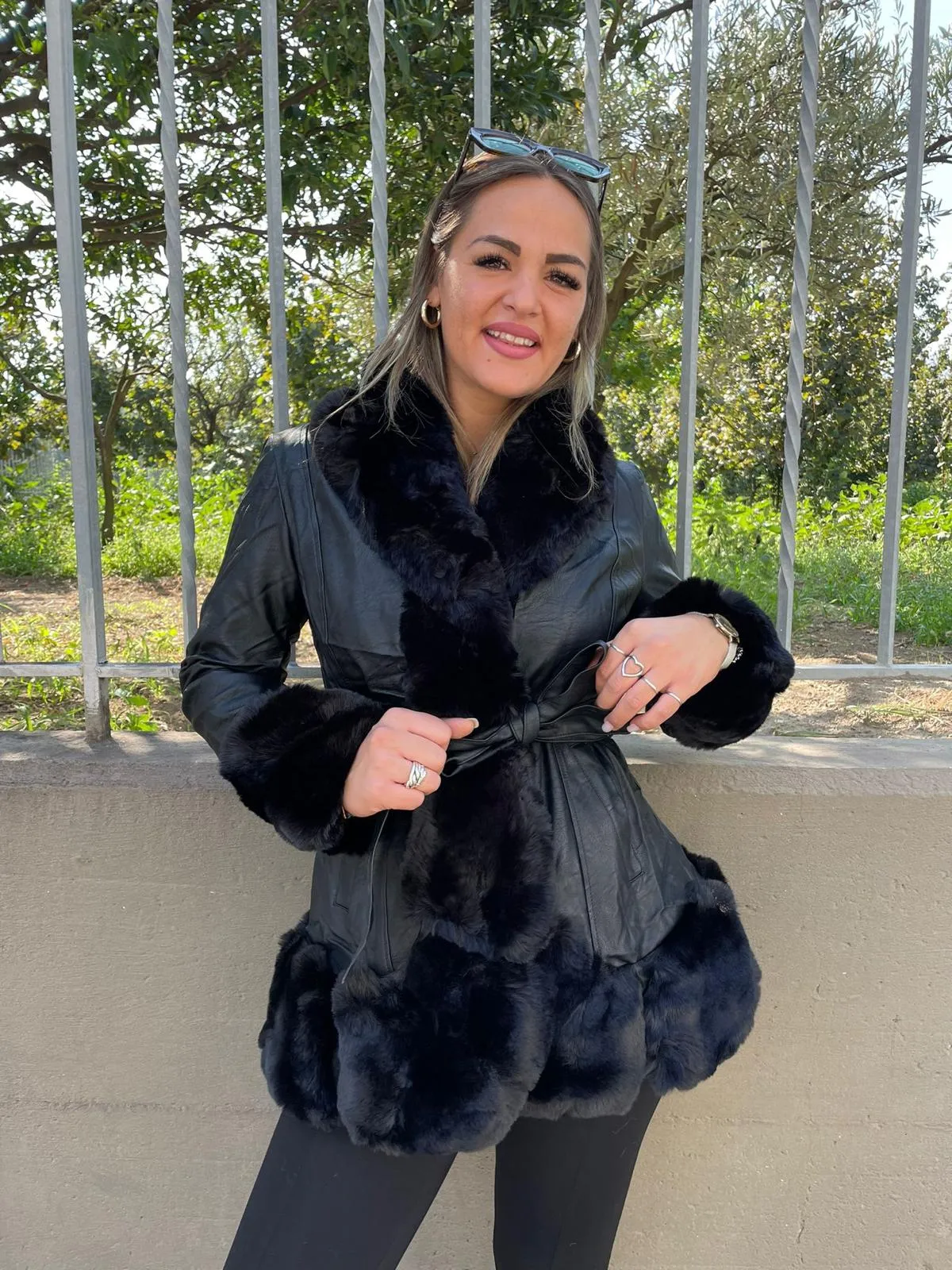 Black eco fur coat with belt.