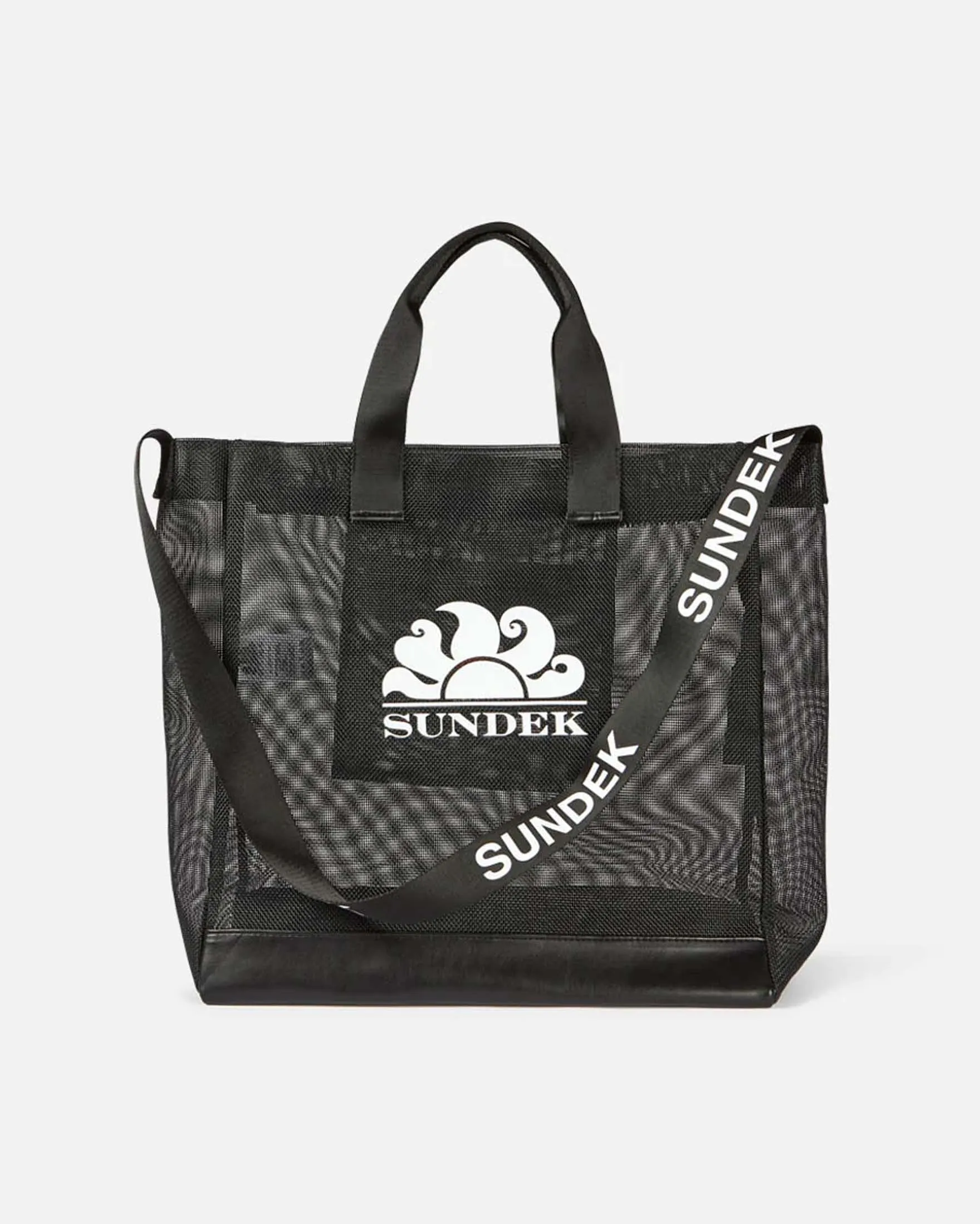 Borsa mare grande nera in mesh con base rivestita e tracolla removibile con logo a contrasto