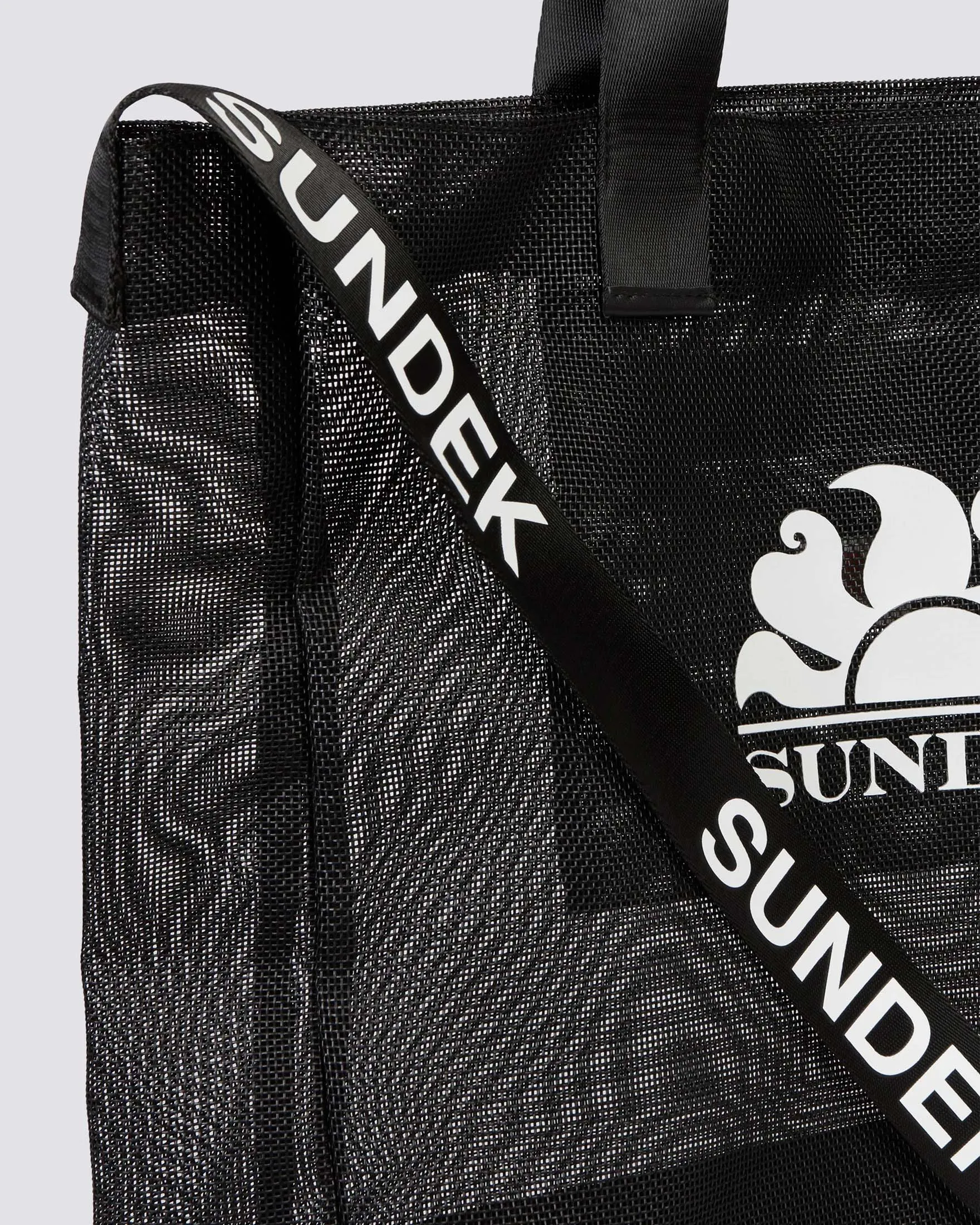Borsa mare grande nera in mesh con base rivestita e tracolla removibile con logo a contrasto