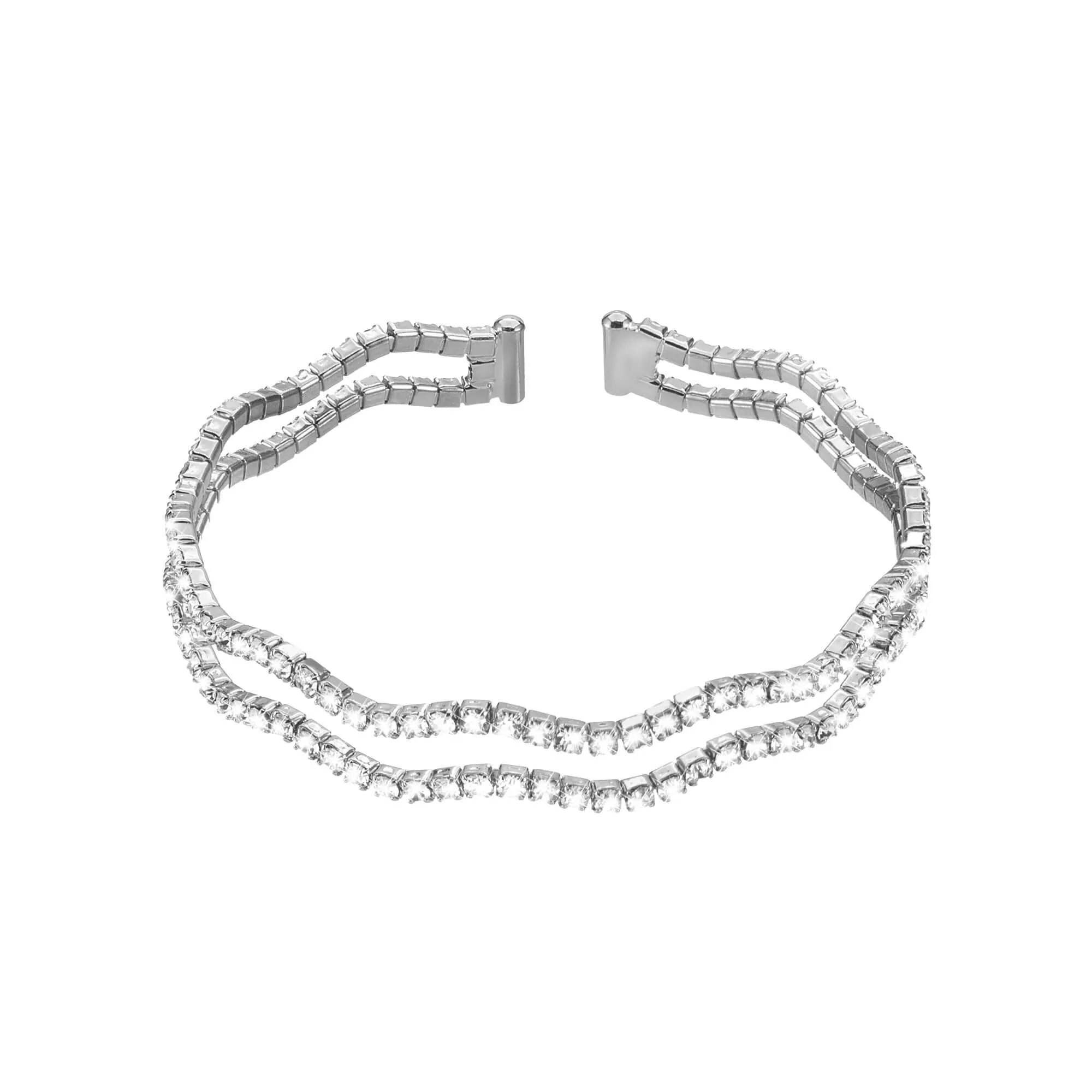 Bracciale bangle doppio in metallo rodiato e cristalli