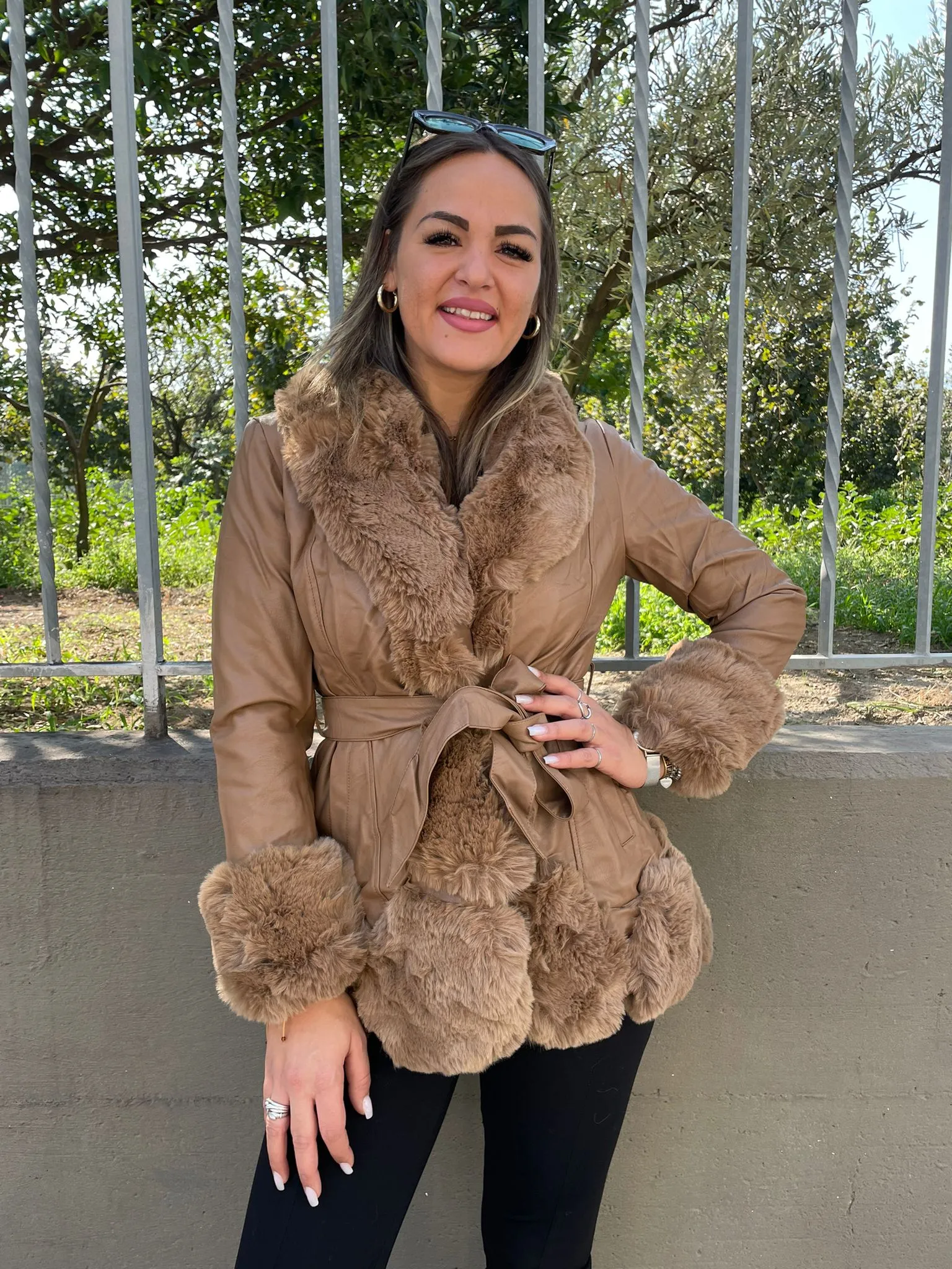 Brown eco fur coat with belt