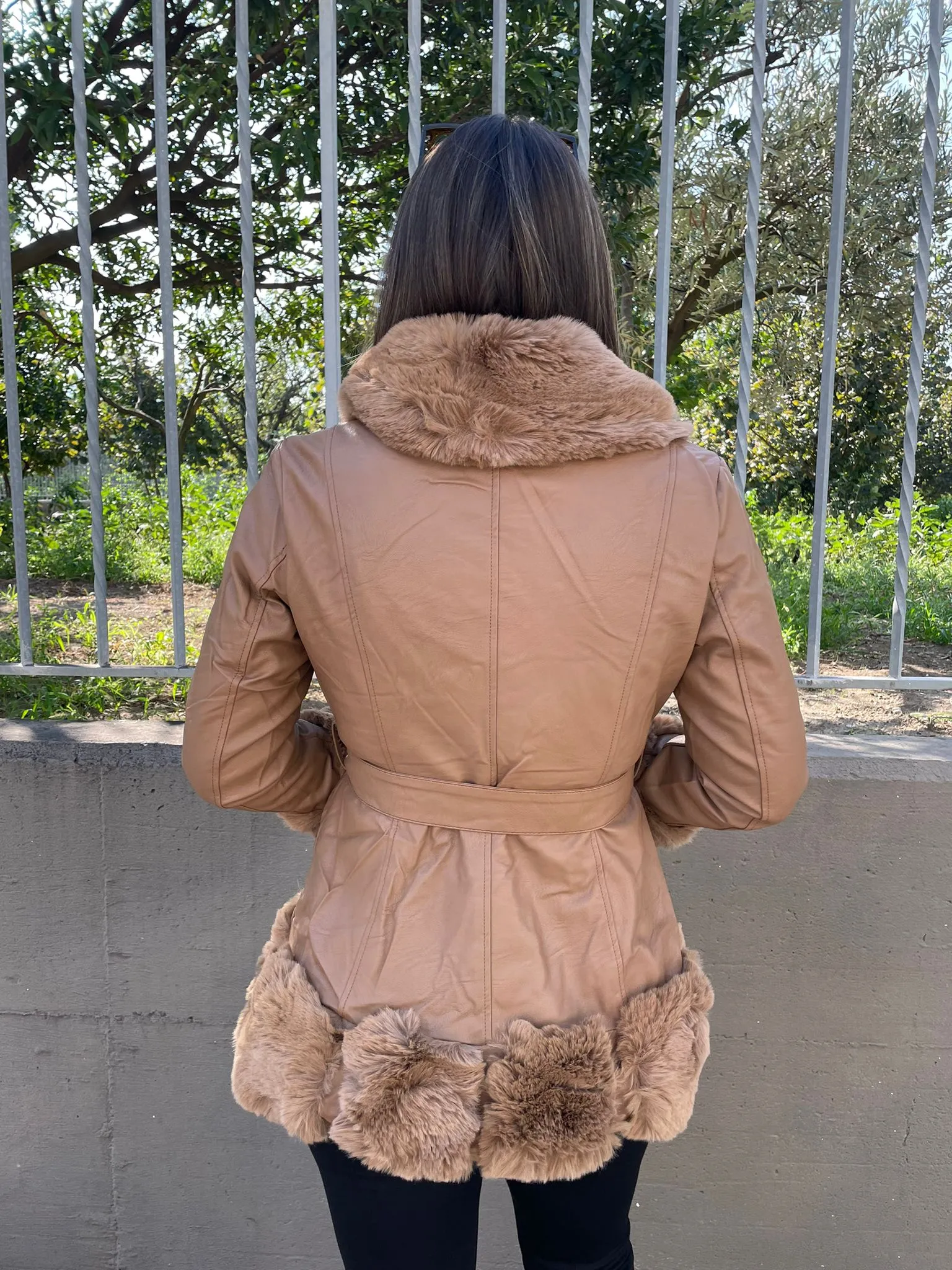 Brown eco fur coat with belt