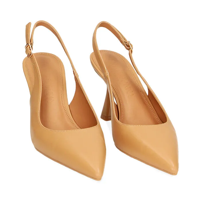 Camel slingback with 8 cm heel.