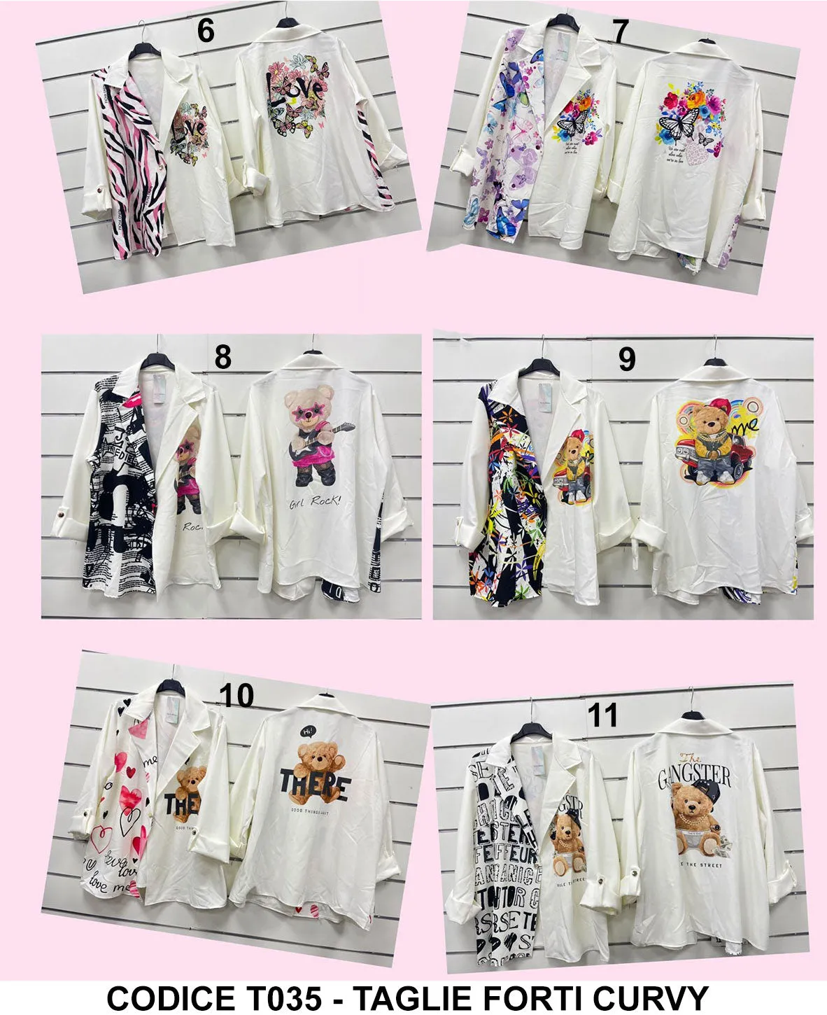 Camicia Taglie Forti Curvy Stampa Orsetti Giraffa Paris Tigre Star Gangster Rock Love Casual Camicie in 11 Fantasie - T035