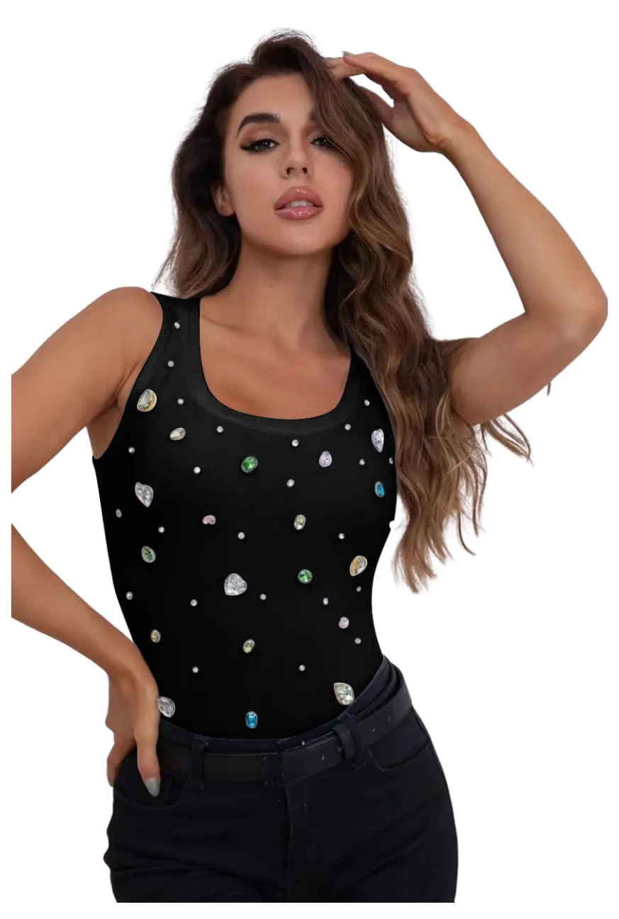 Canotta Donna Girocollo Bretelle Pietre Multicolore Aderente Casual Elegante