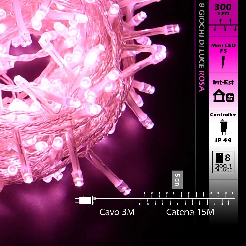 Catena di luci 15 metri da 300 Led Rosa con cavo trasparente Wisdom