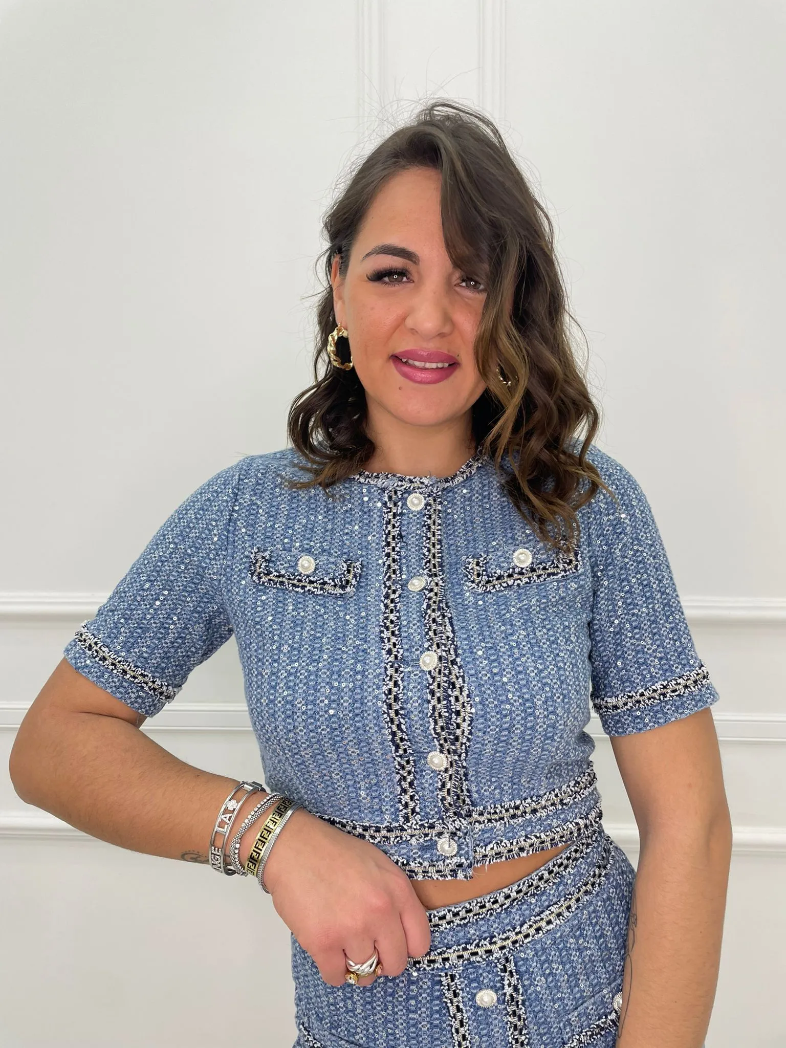 Denim jacket with half sleeves and sequins