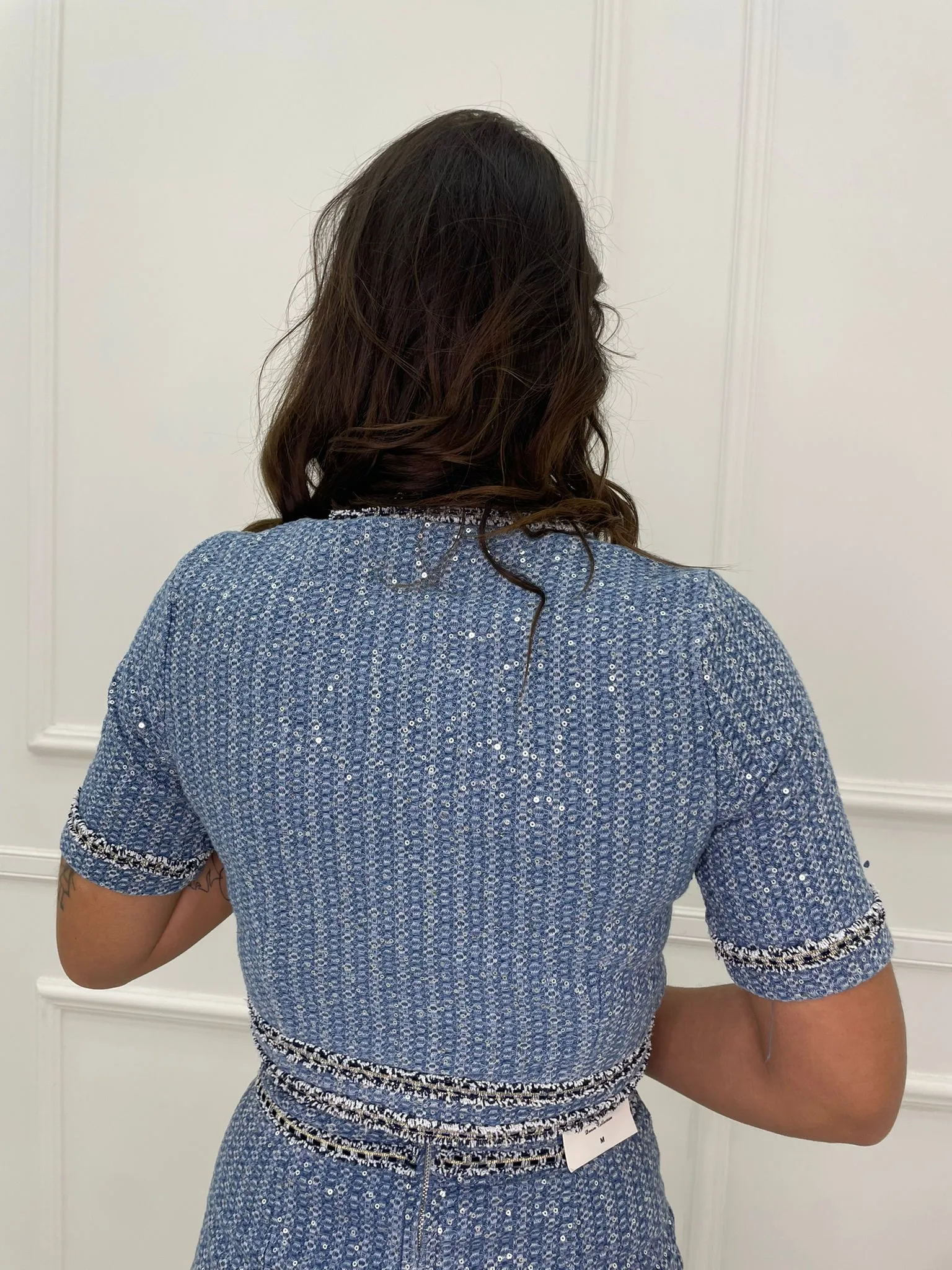 Denim jacket with half sleeves and sequins