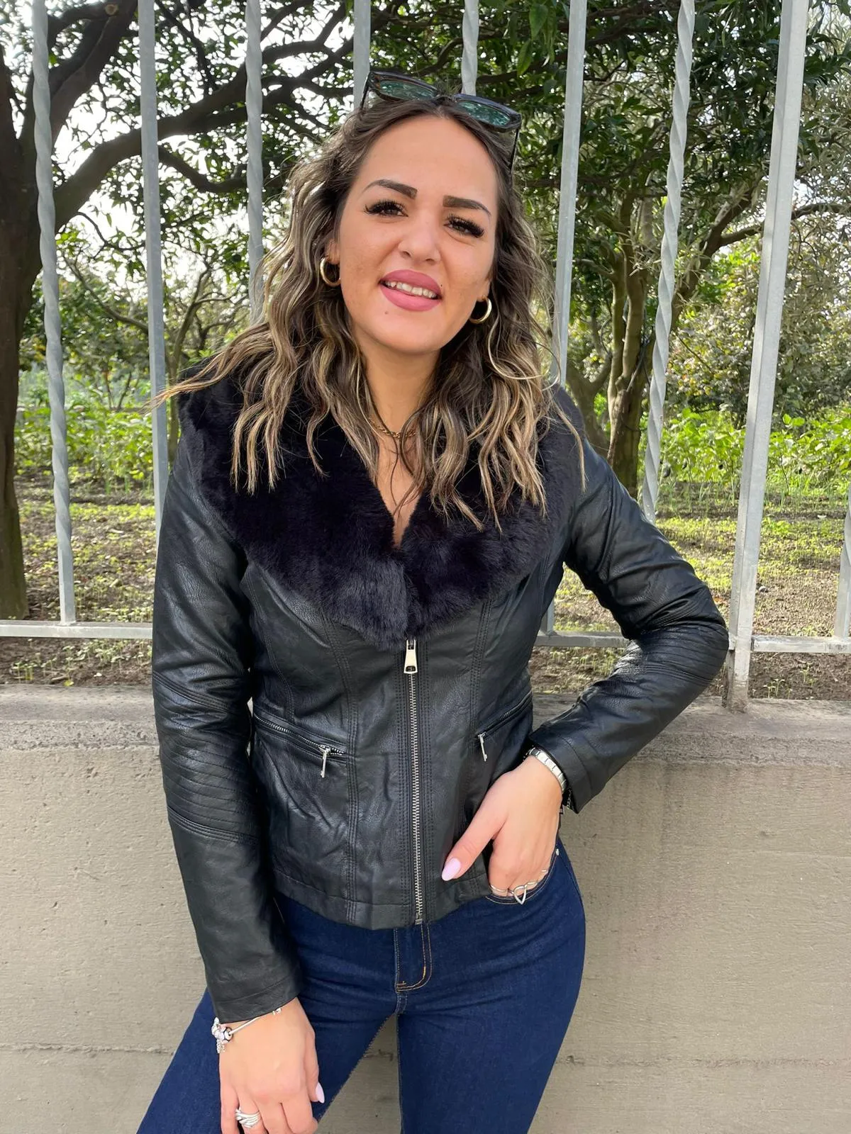 Eco leather jacket with removable fur collar