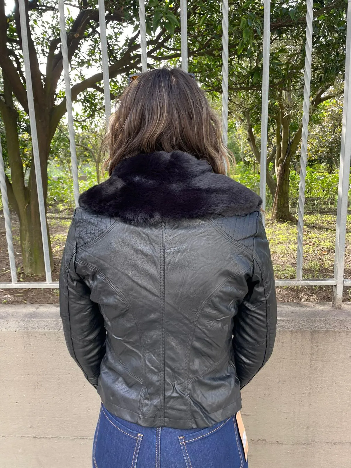 Eco leather jacket with removable fur collar