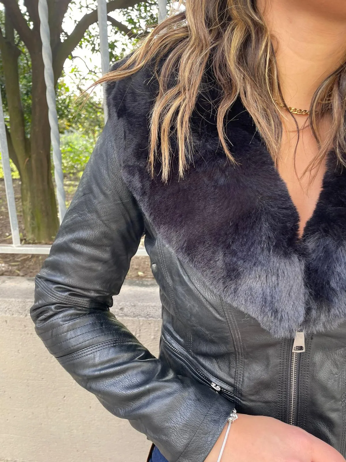Eco leather jacket with removable fur collar