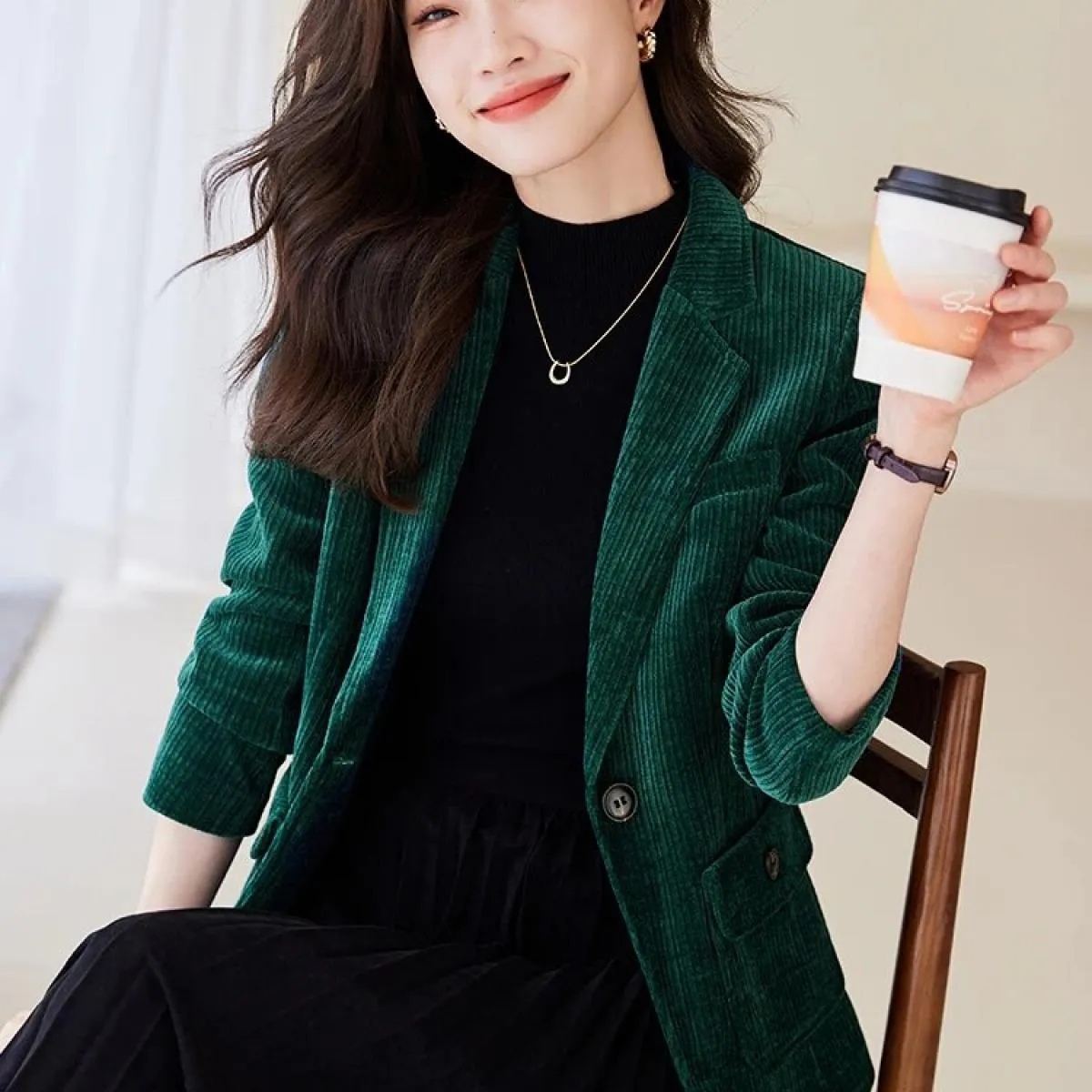 Green coffee purple striped blazer women's office jacket formal work coat female work pocket