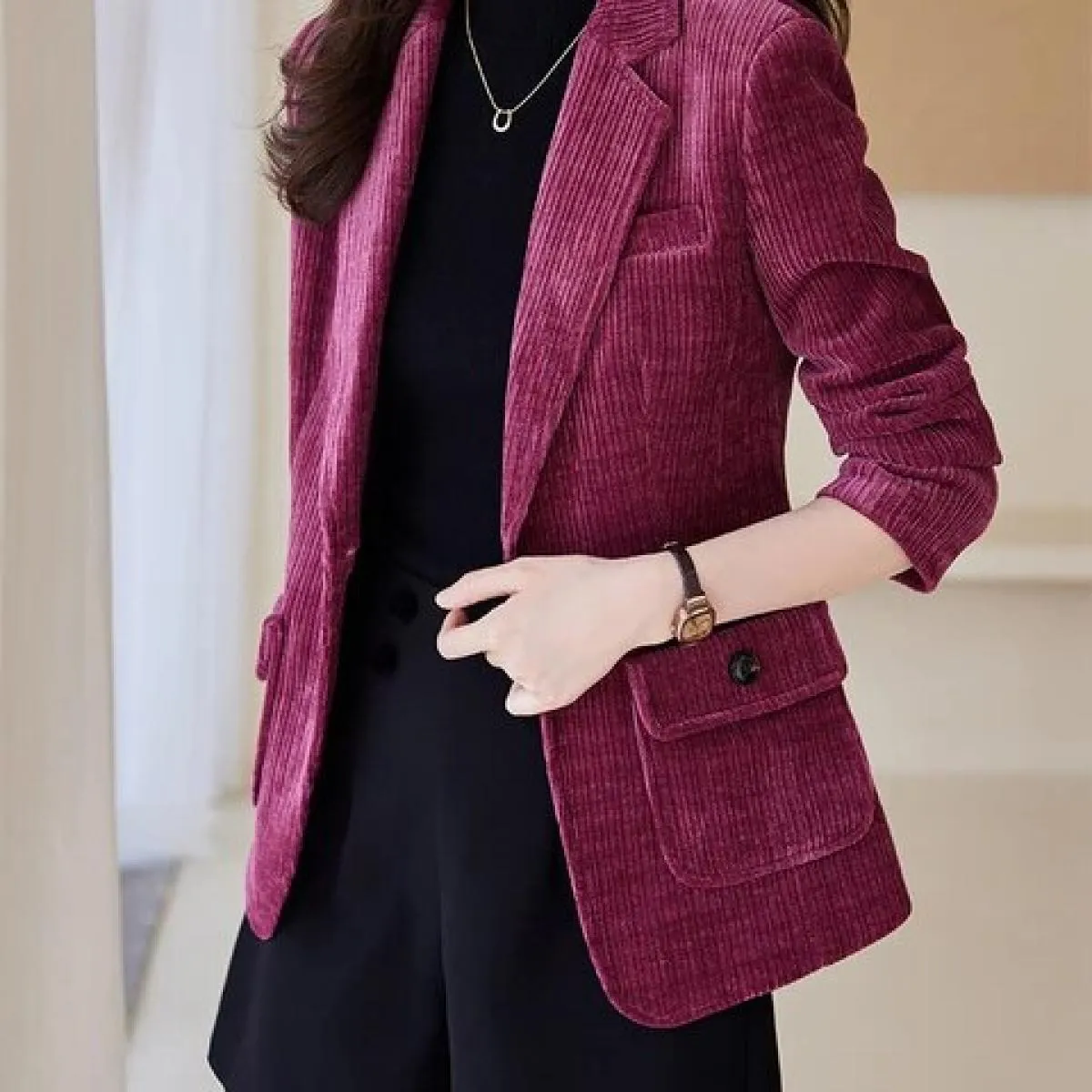 Green coffee purple striped blazer women's office jacket formal work coat female work pocket