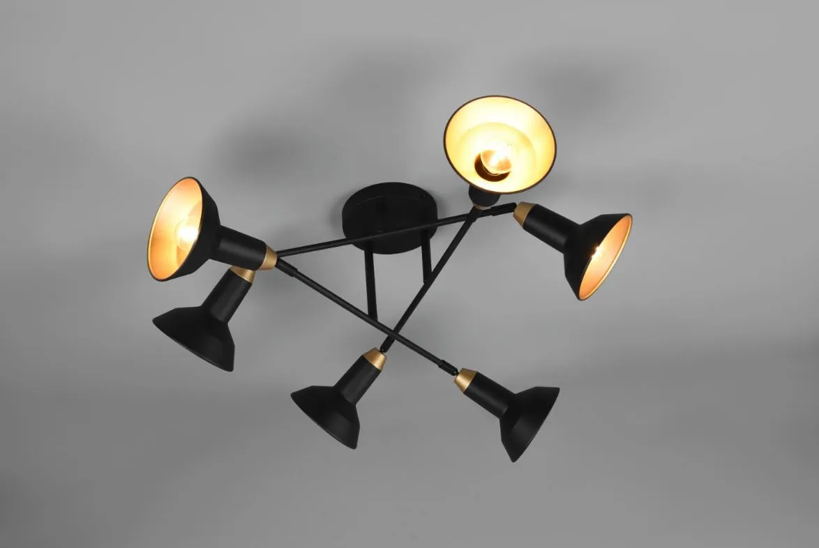 Lampada da Soffitto Industrial 6 Faretti Spot Orientabili Roxie Nero e Oro Trio Lighting