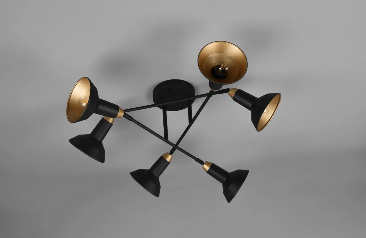 Lampada da Soffitto Industrial 6 Faretti Spot Orientabili Roxie Nero e Oro Trio Lighting