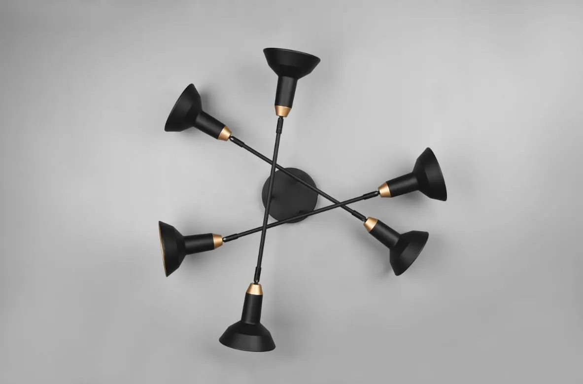 Lampada da Soffitto Industrial 6 Faretti Spot Orientabili Roxie Nero e Oro Trio Lighting