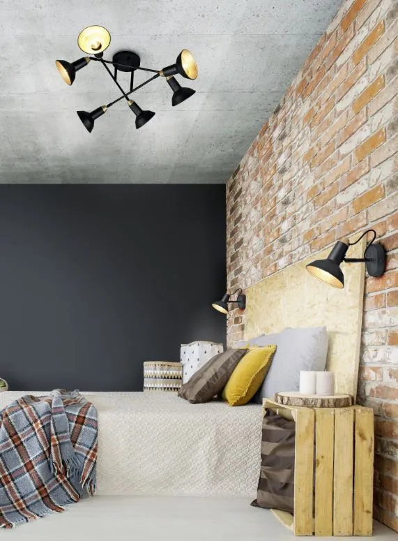 Lampada da Soffitto Industrial 6 Faretti Spot Orientabili Roxie Nero e Oro Trio Lighting