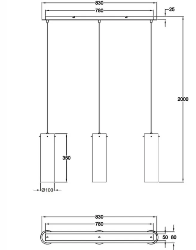Lampadario Lineare 3 Paralumi Cilindrici Vetro Fumé per Tavolo da Pranzo Sintesi Fabas