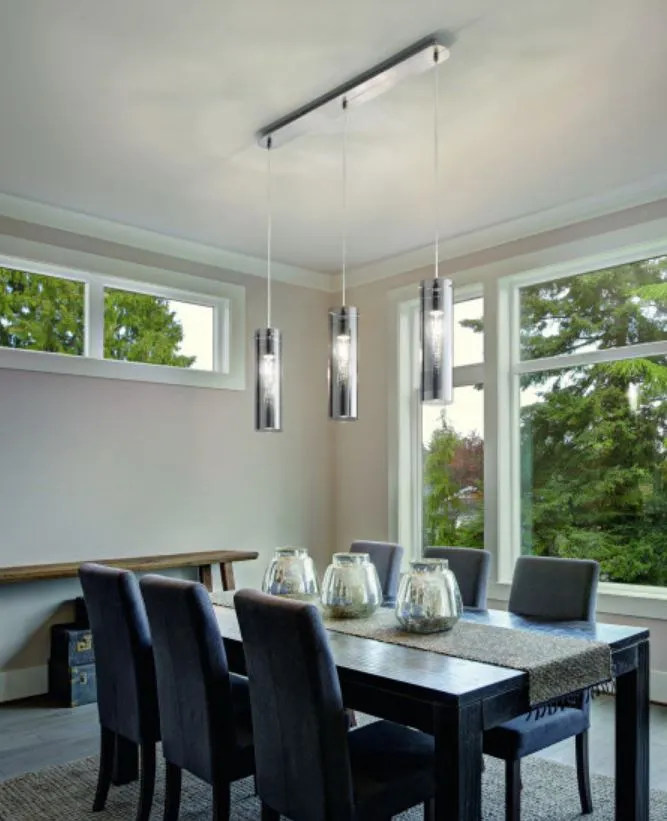 Lampadario Lineare 3 Paralumi Cilindrici Vetro Fumé per Tavolo da Pranzo Sintesi Fabas