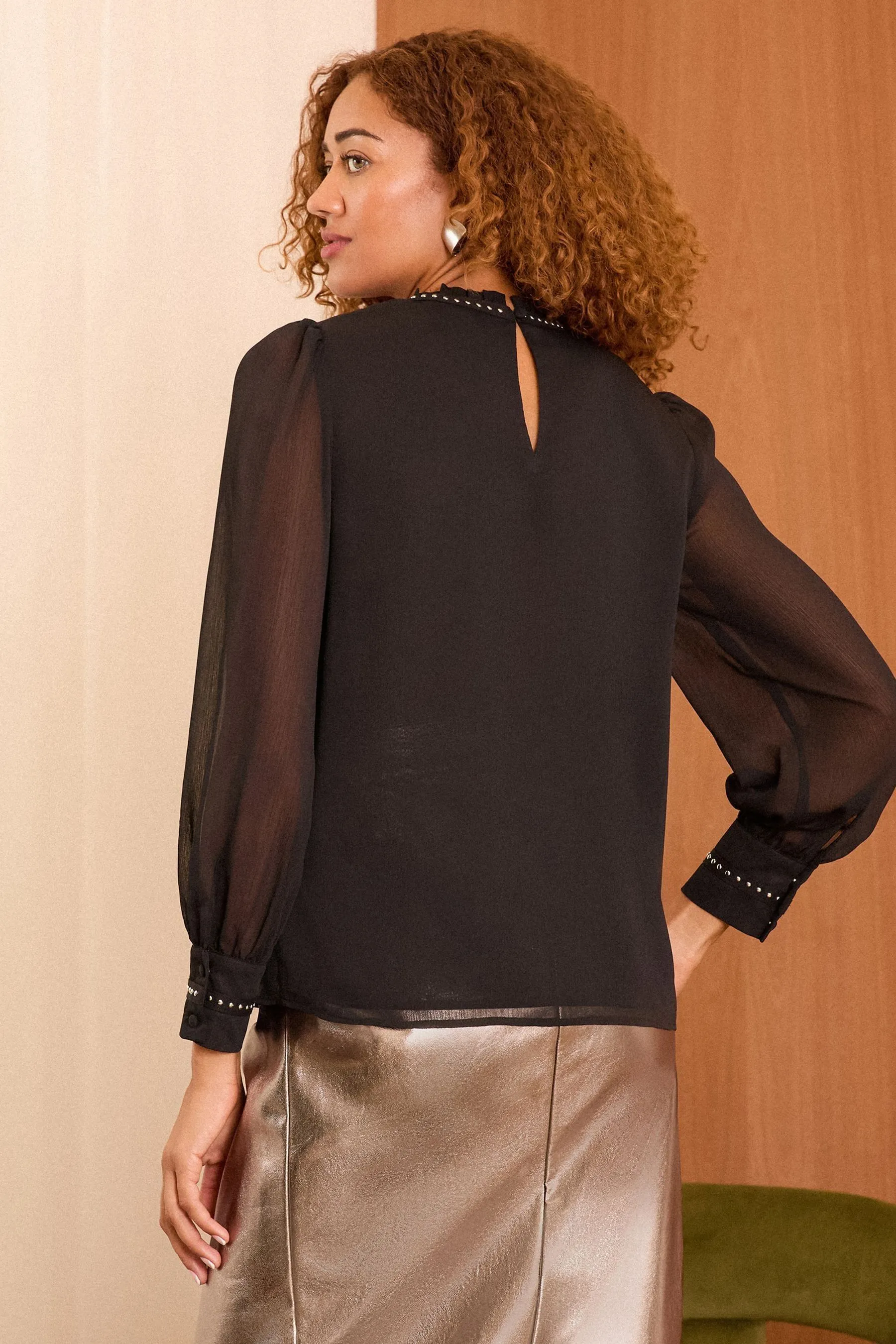 Love & Roses Stud Trim Detail Crew Neck Long Sleeve Blouse    
