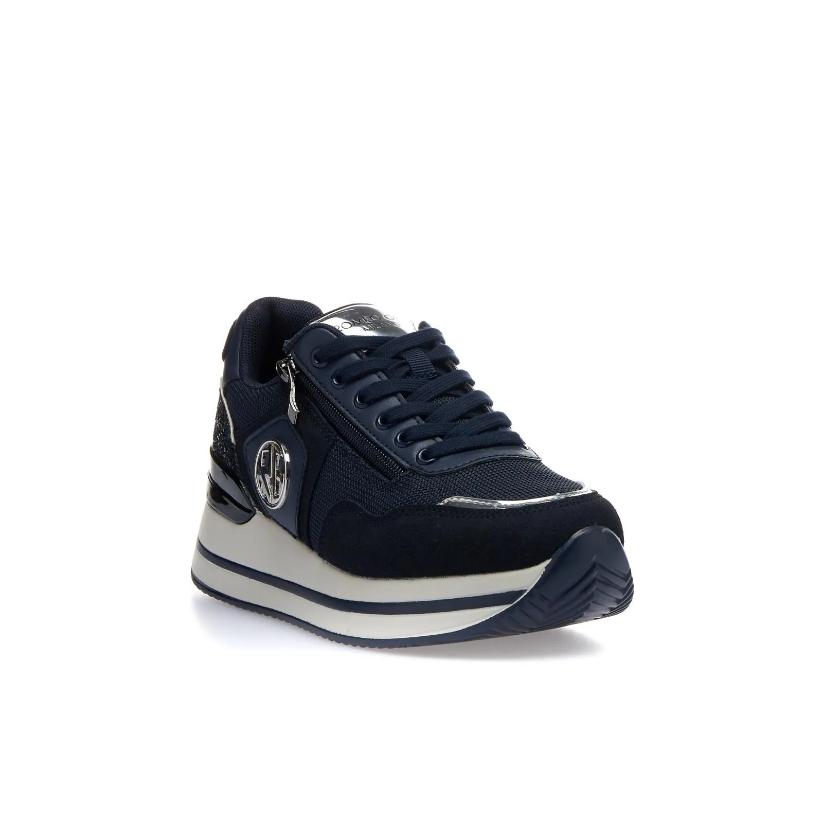 Sneakers blu con zeppa e dettaglio glitter