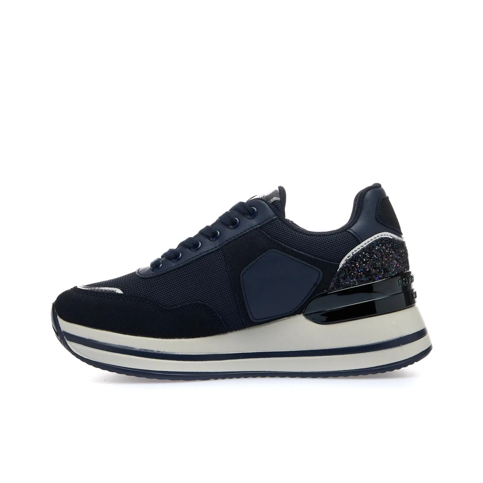 Sneakers blu con zeppa e dettaglio glitter