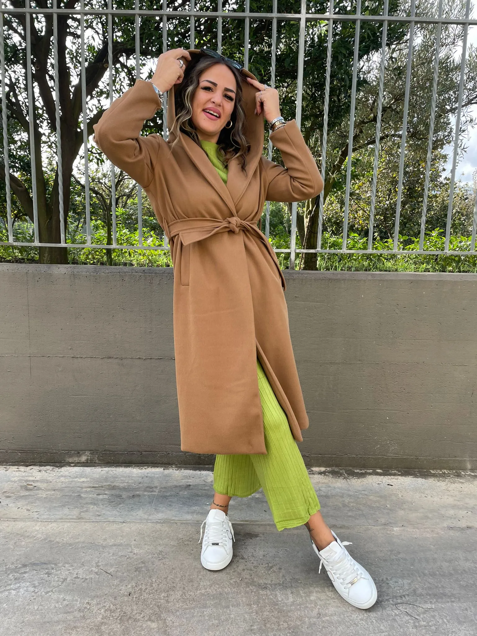 Solid color coat with waist belt and hood