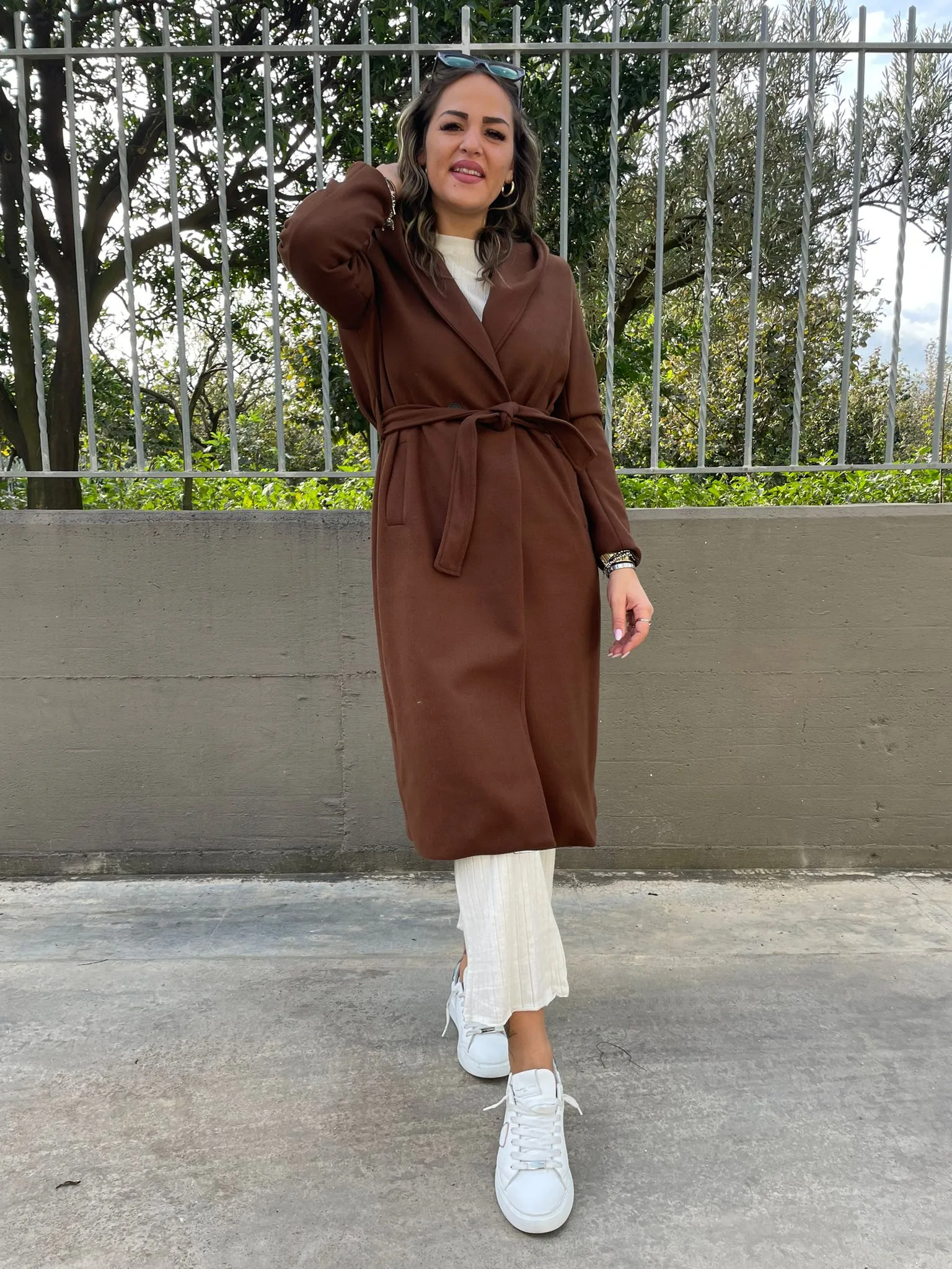 Solid color coat with waist belt and hood