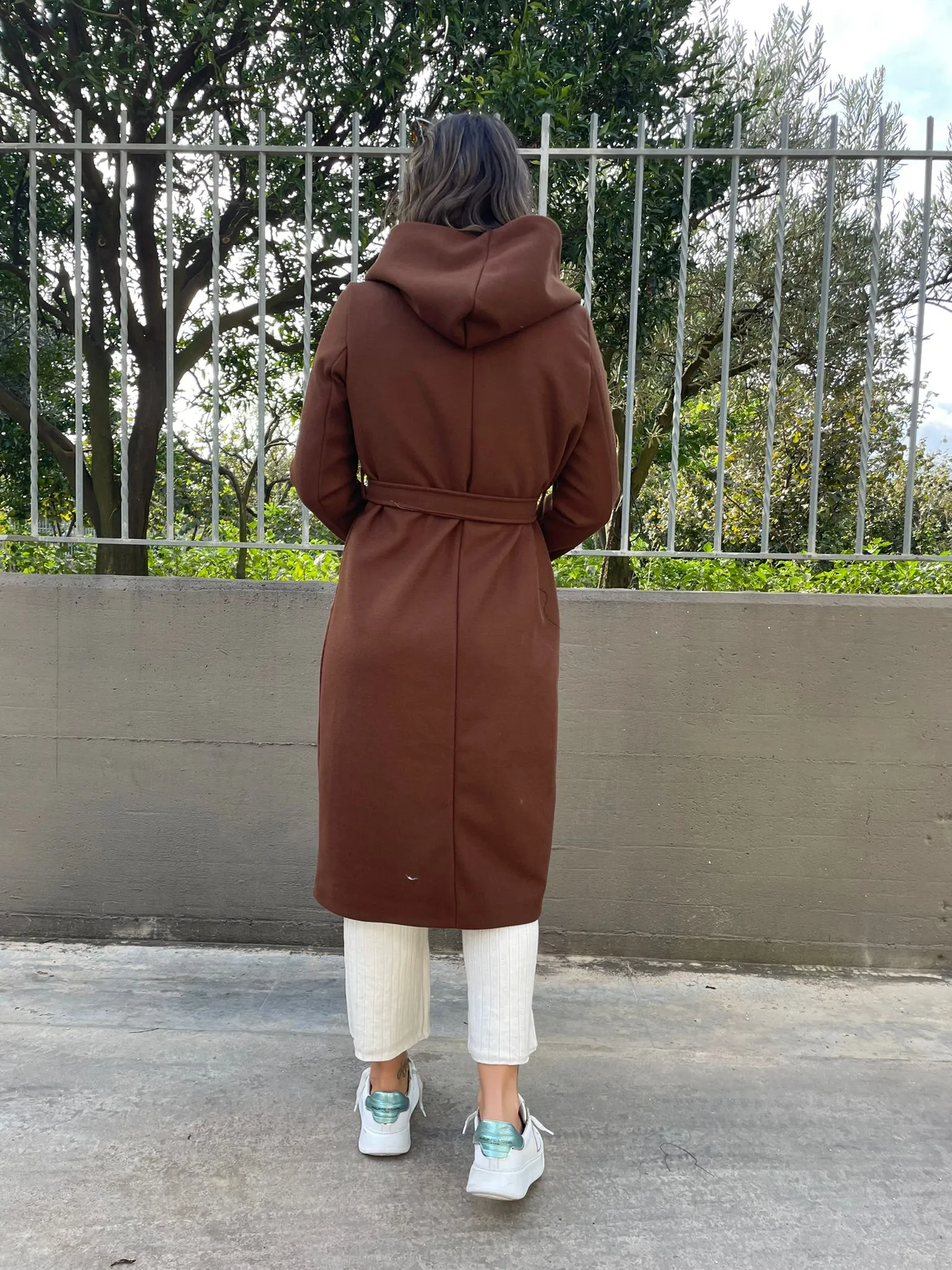 Solid color coat with waist belt and hood