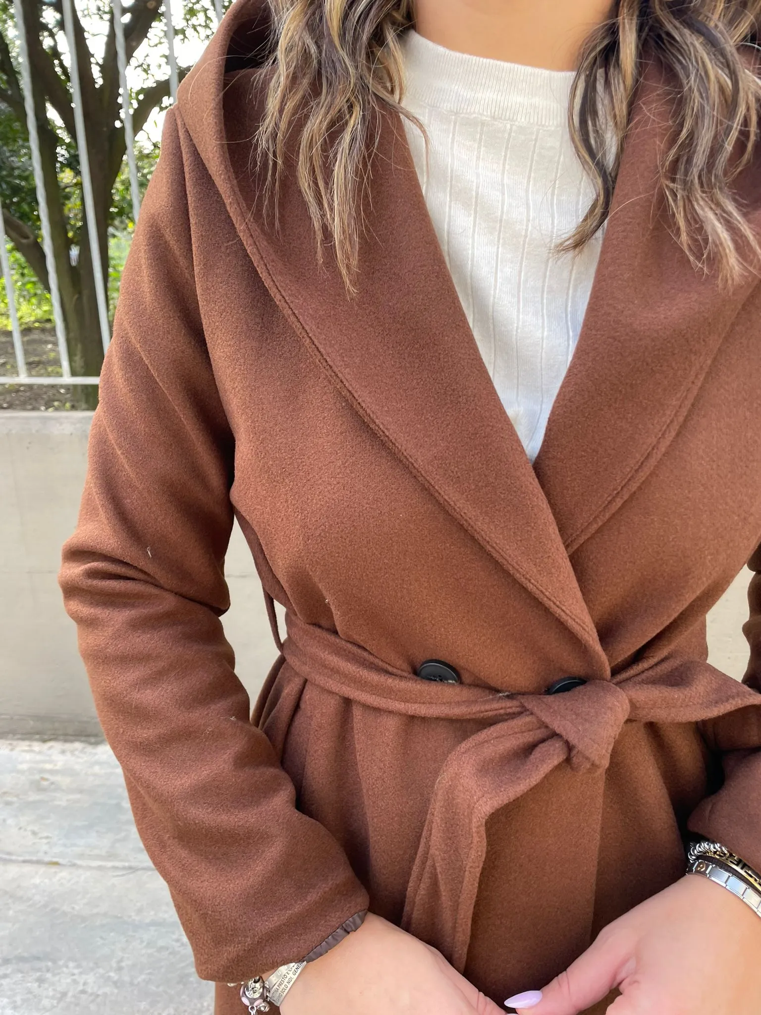 Solid color coat with waist belt and hood
