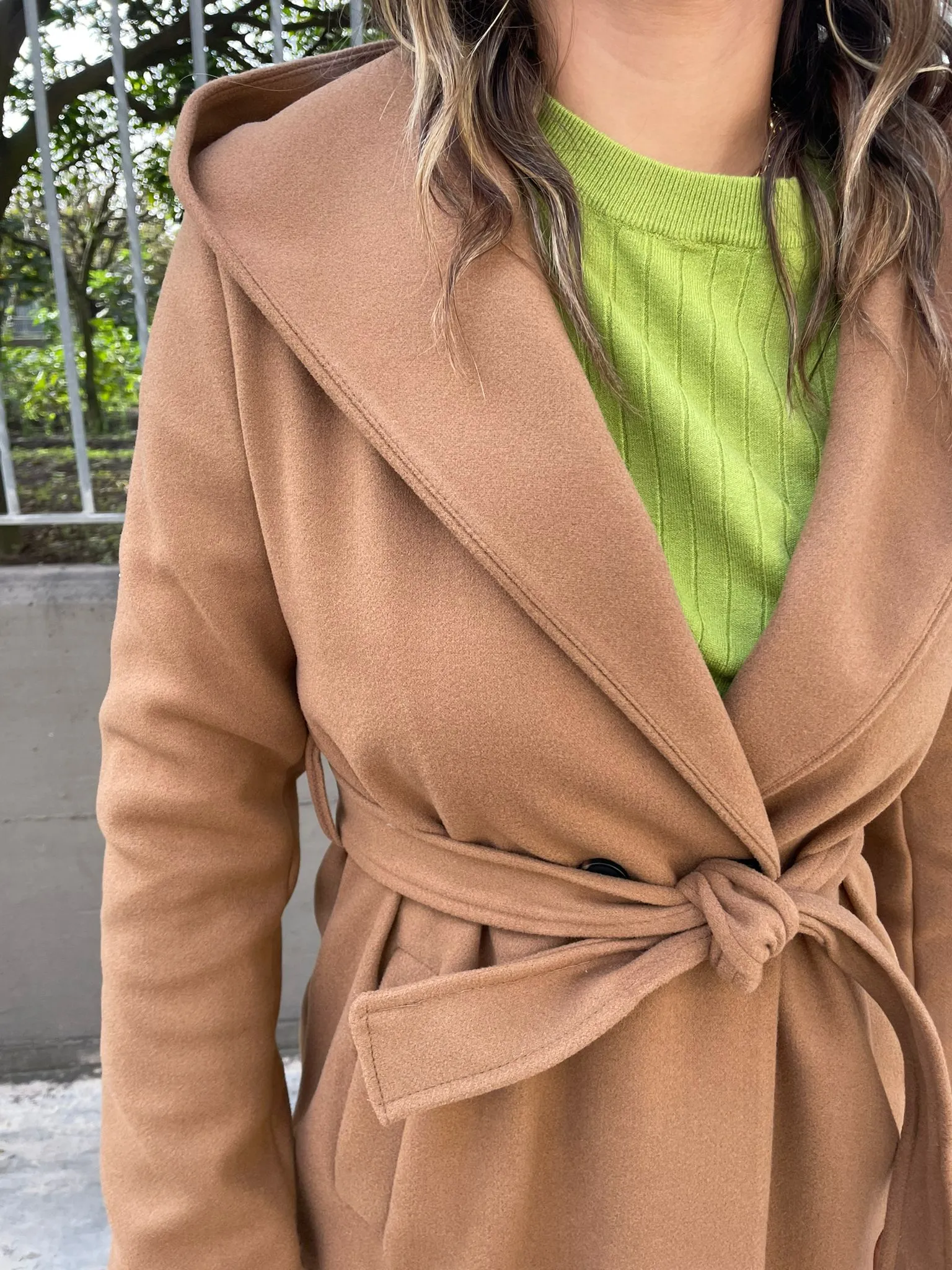 Solid color coat with waist belt and hood