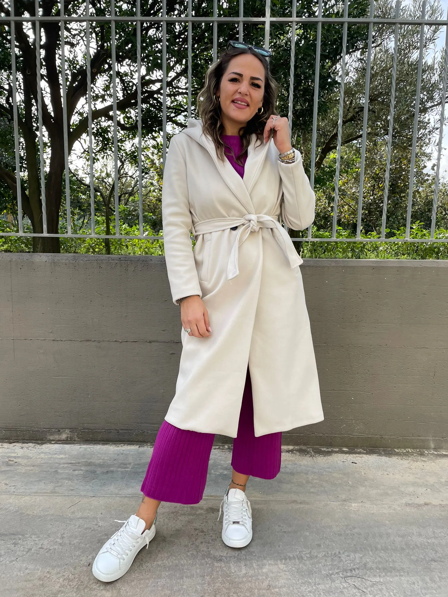 Solid color coat with waist belt and hood
