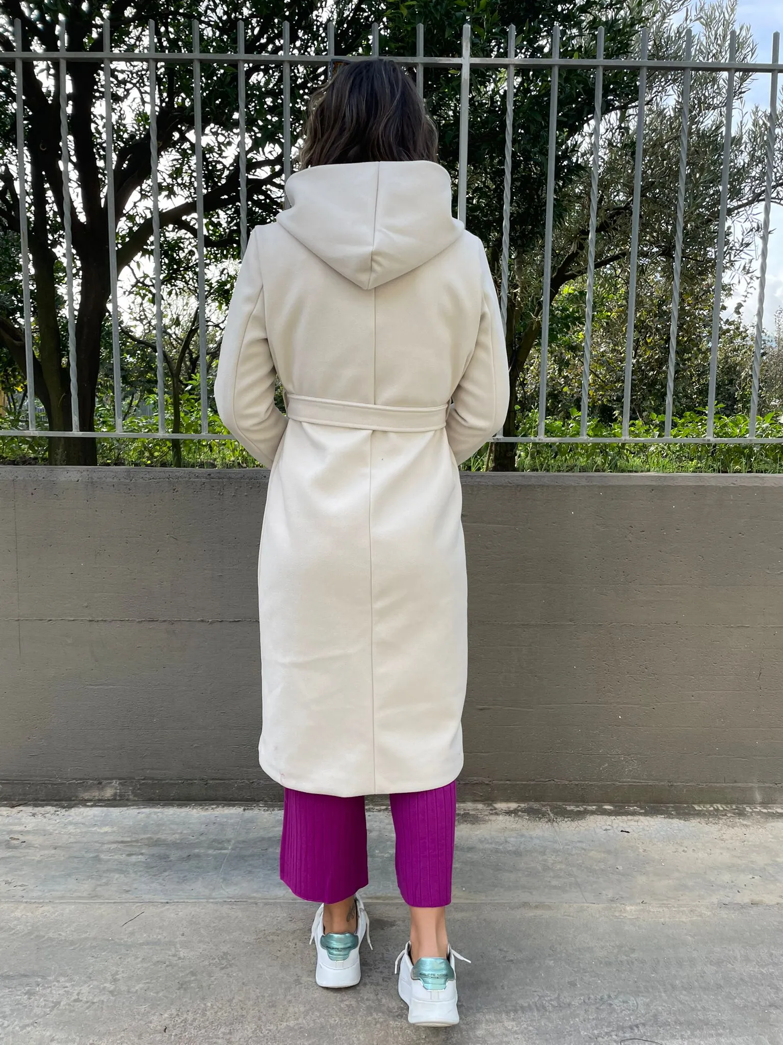Solid color coat with waist belt and hood