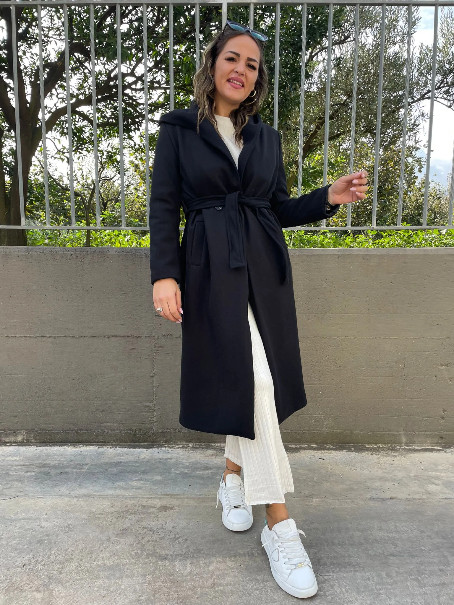 Solid color coat with waist belt and hood
