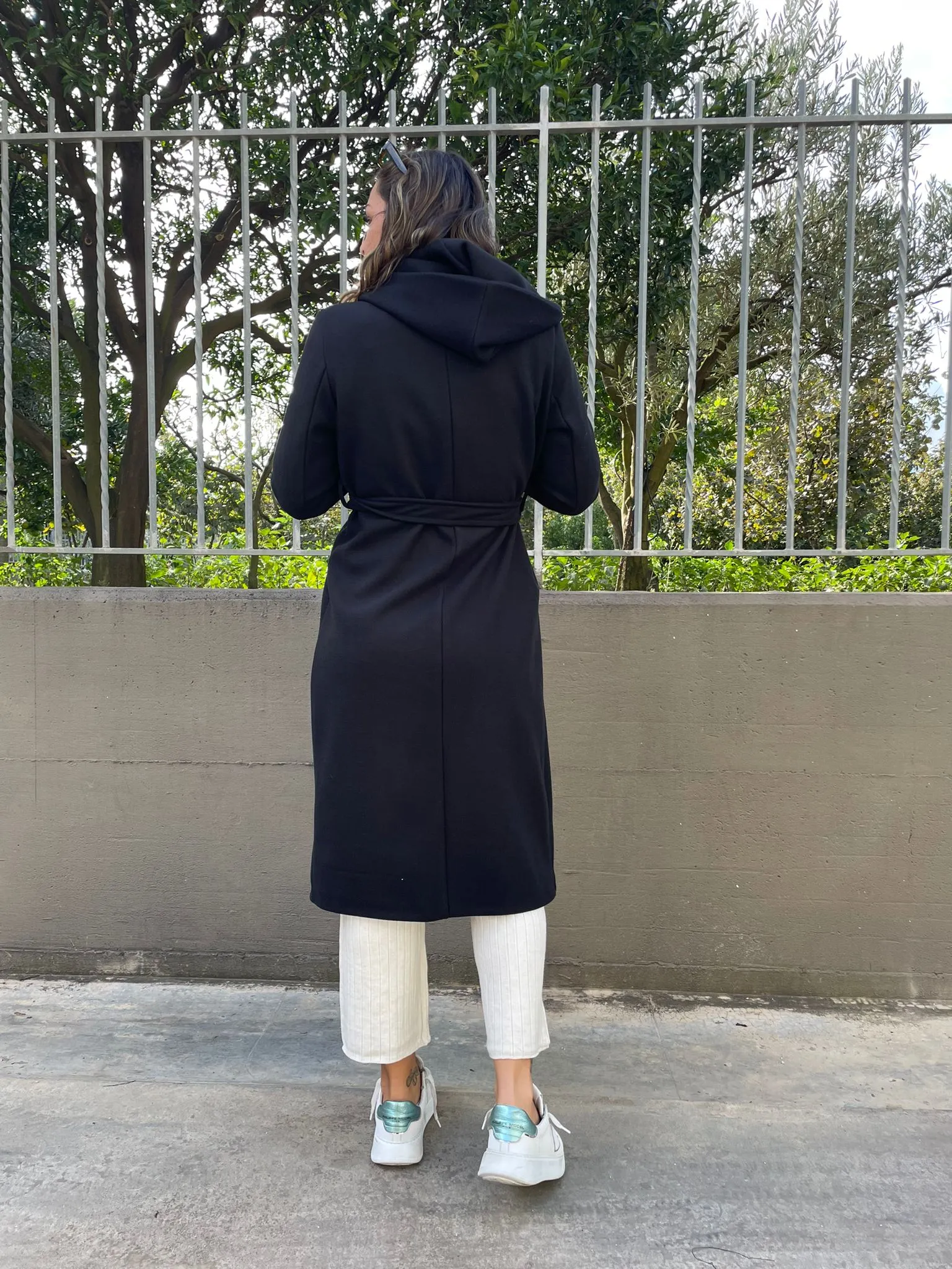 Solid color coat with waist belt and hood