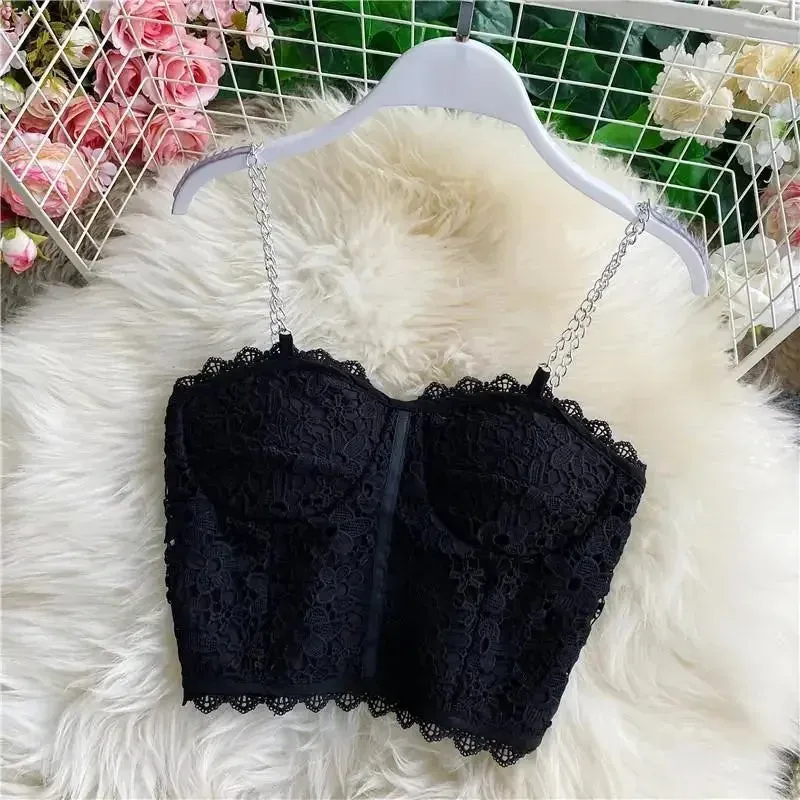 Top Donna Casual Scollo Cuore Bretelle Catena Ricamo Floreale Elastico Aderente