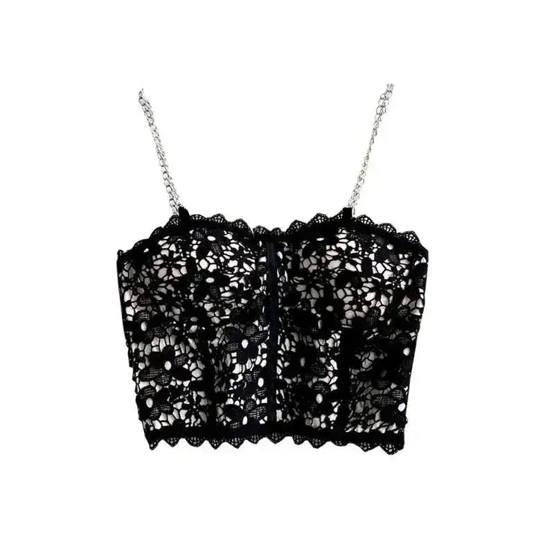 Top Donna Casual Scollo Cuore Bretelle Catena Ricamo Floreale Elastico Aderente