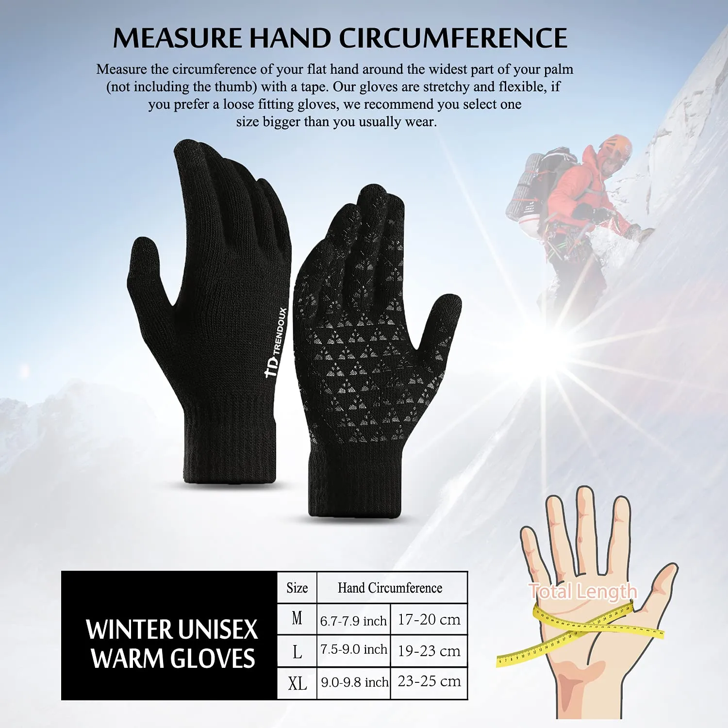 TRENDOUX men's gloves, women's equestrian gloves, touchscreen for cell phone, winter non-slip grip wool elastic