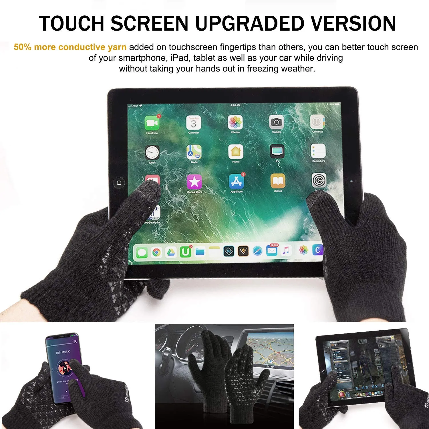 TRENDOUX men's gloves, women's equestrian gloves, touchscreen for cell phone, winter non-slip grip wool elastic