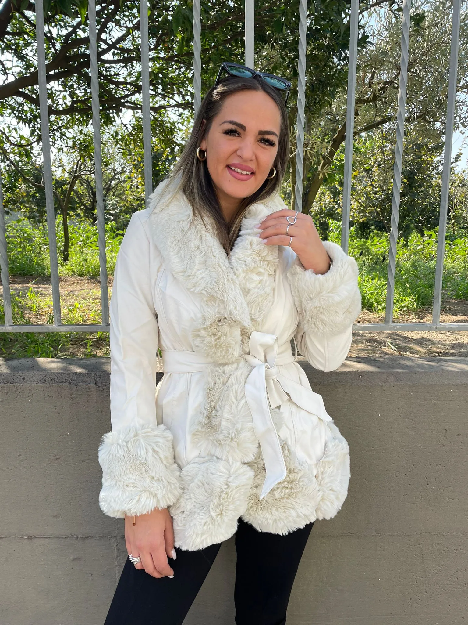 White eco fur coat with belt