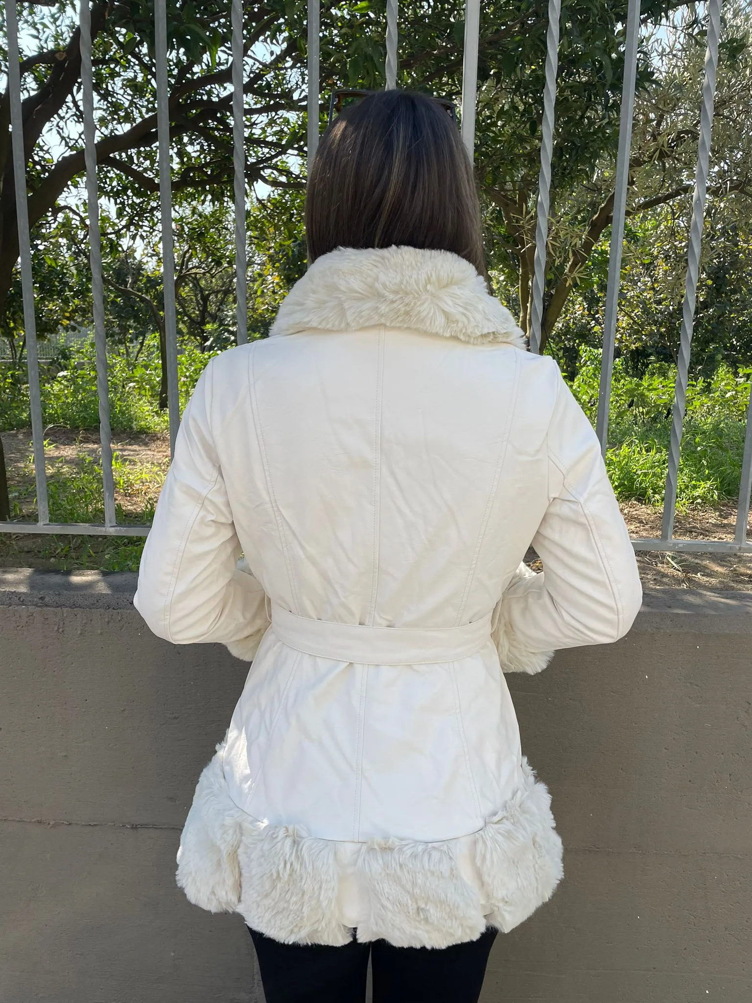 White eco fur coat with belt
