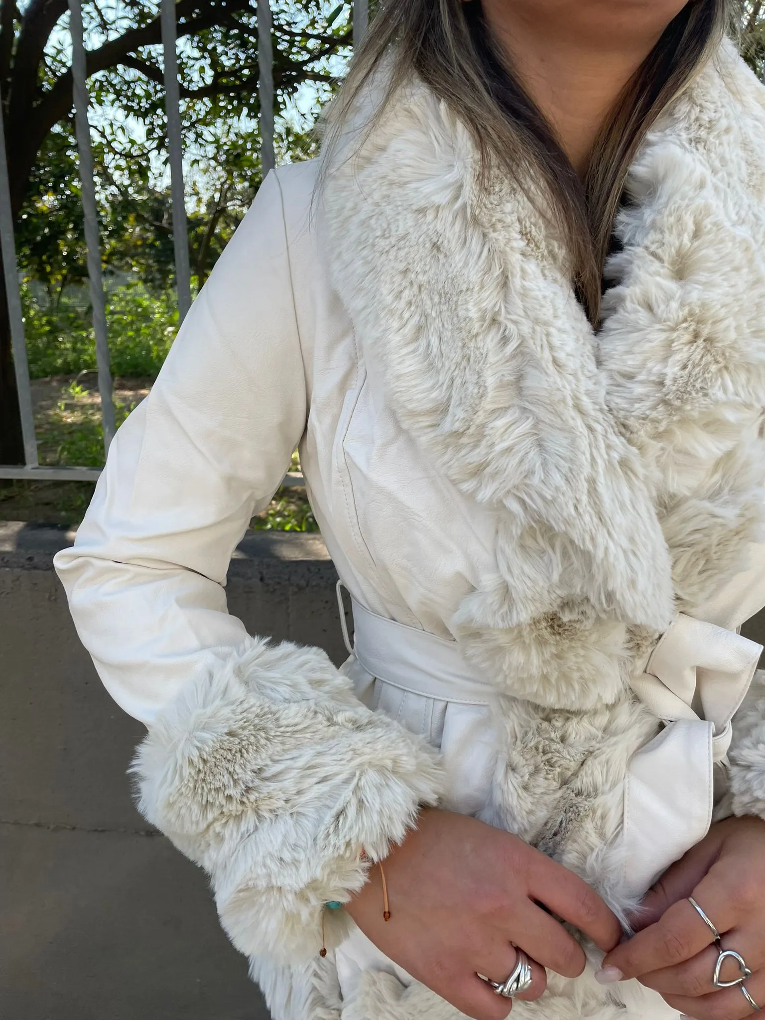 White eco fur coat with belt