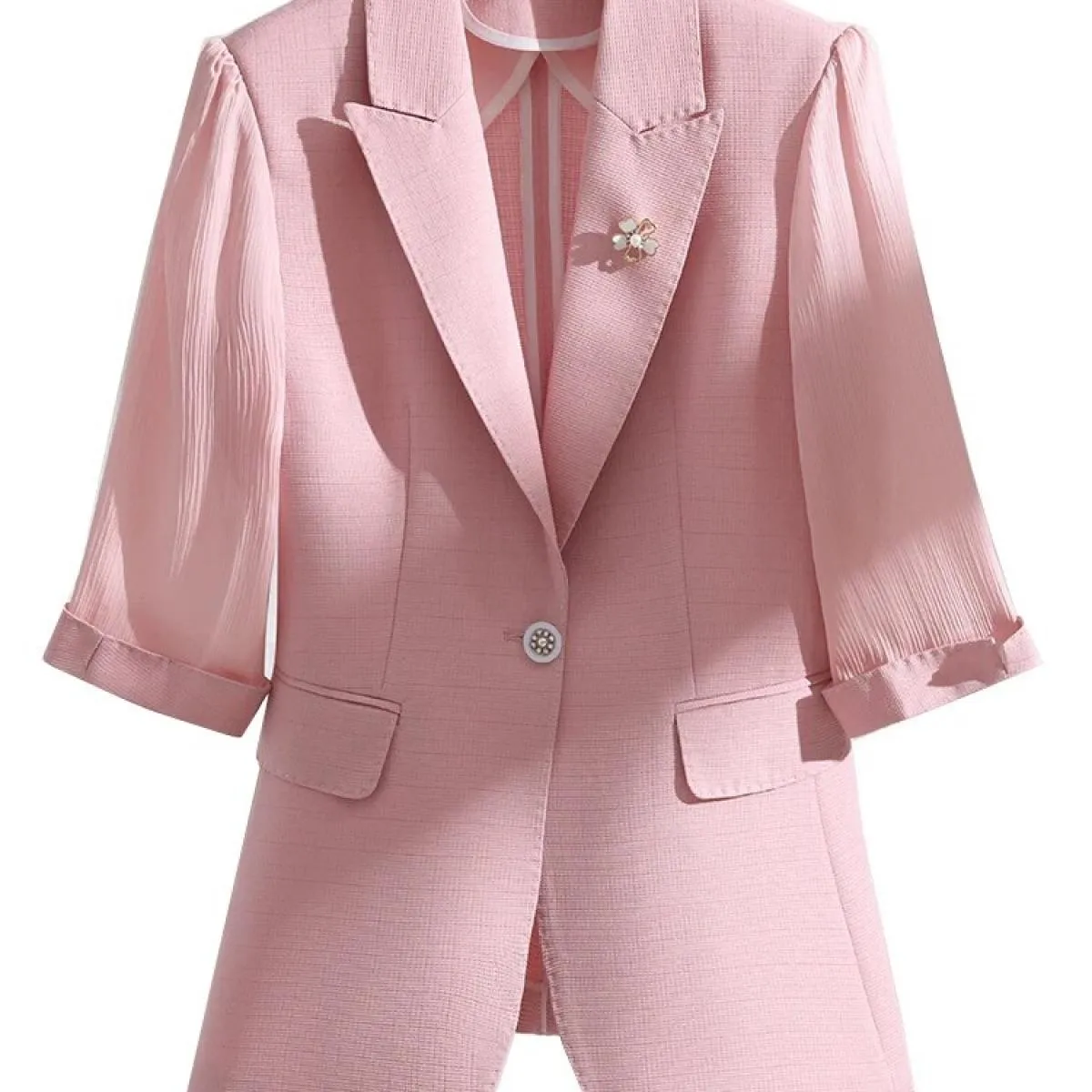 Women's Beige Green Pink Half-Sleeve Summer Spring Office Jacket for Women, Workwear Formal Jacket