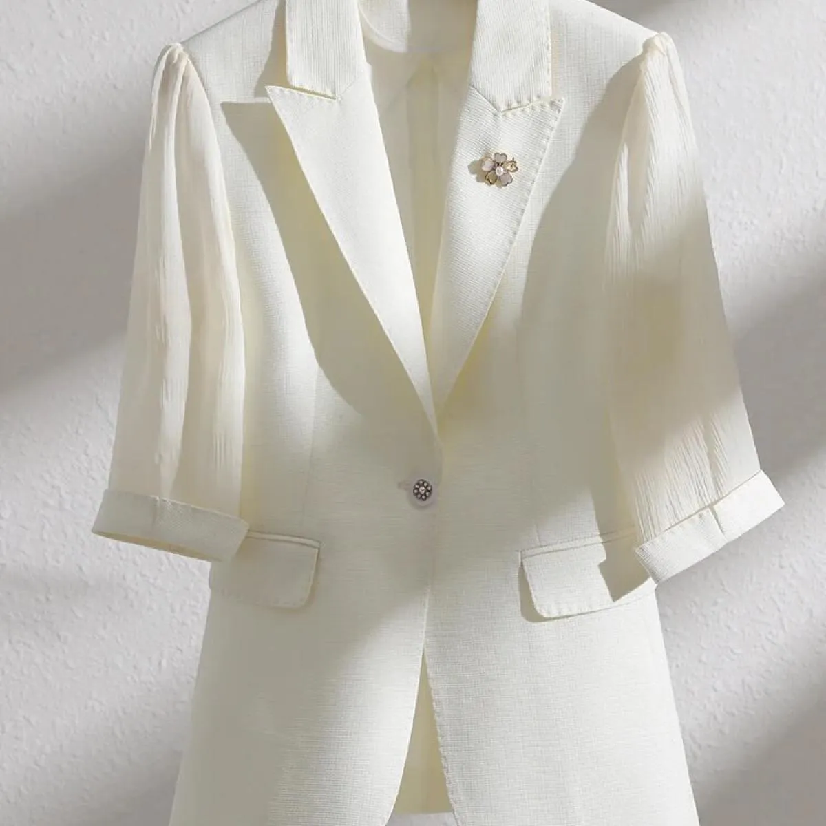 Women's Beige Green Pink Half-Sleeve Summer Spring Office Jacket for Women, Workwear Formal Jacket