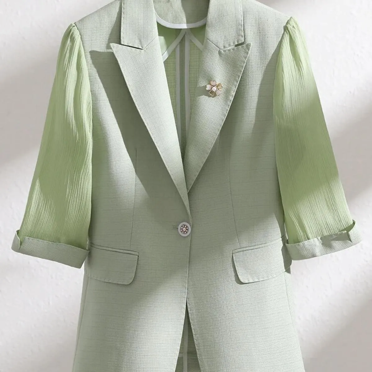 Women's Beige Green Pink Half-Sleeve Summer Spring Office Jacket for Women, Workwear Formal Jacket