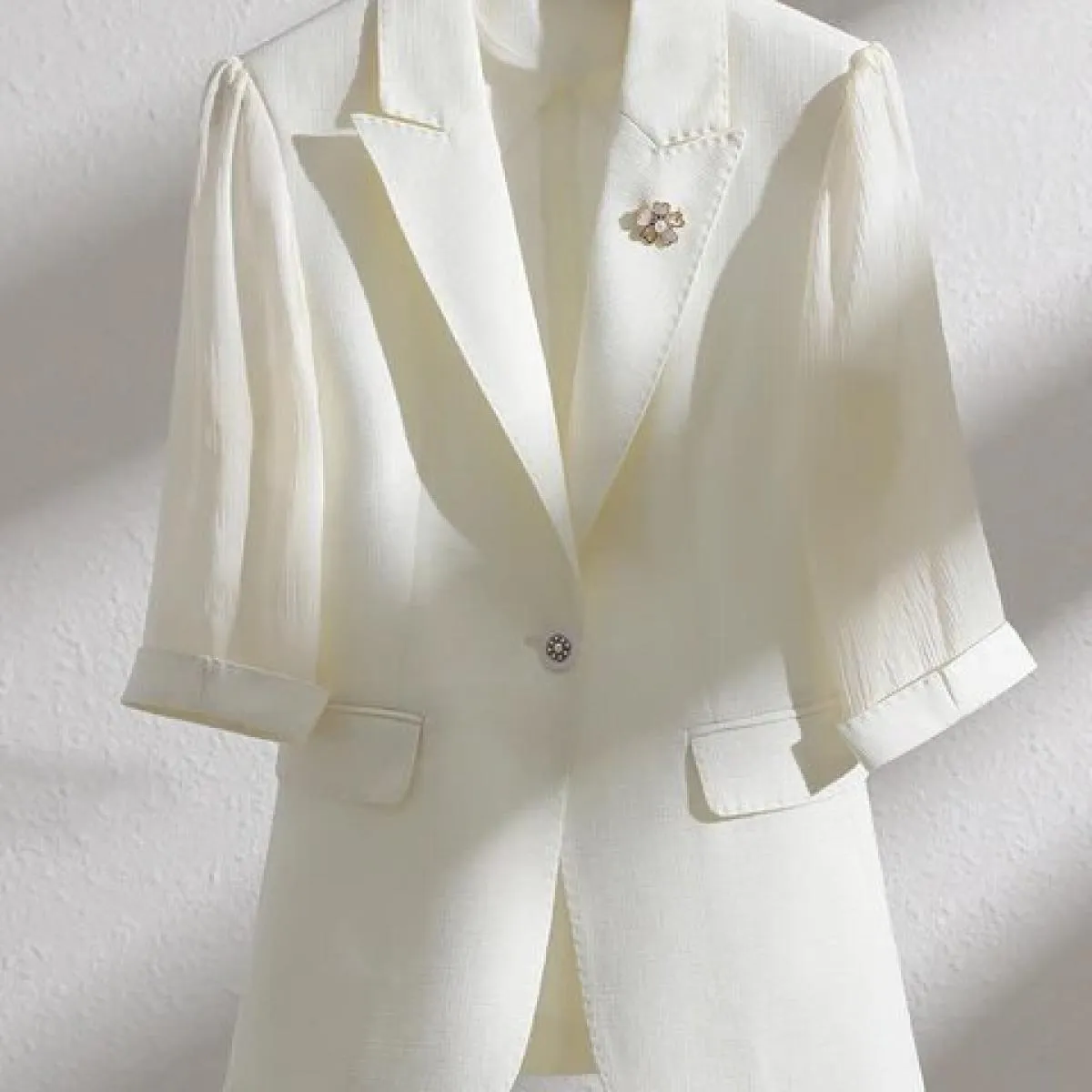 Women's Beige Green Pink Half-Sleeve Summer Spring Office Jacket for Women, Workwear Formal Jacket