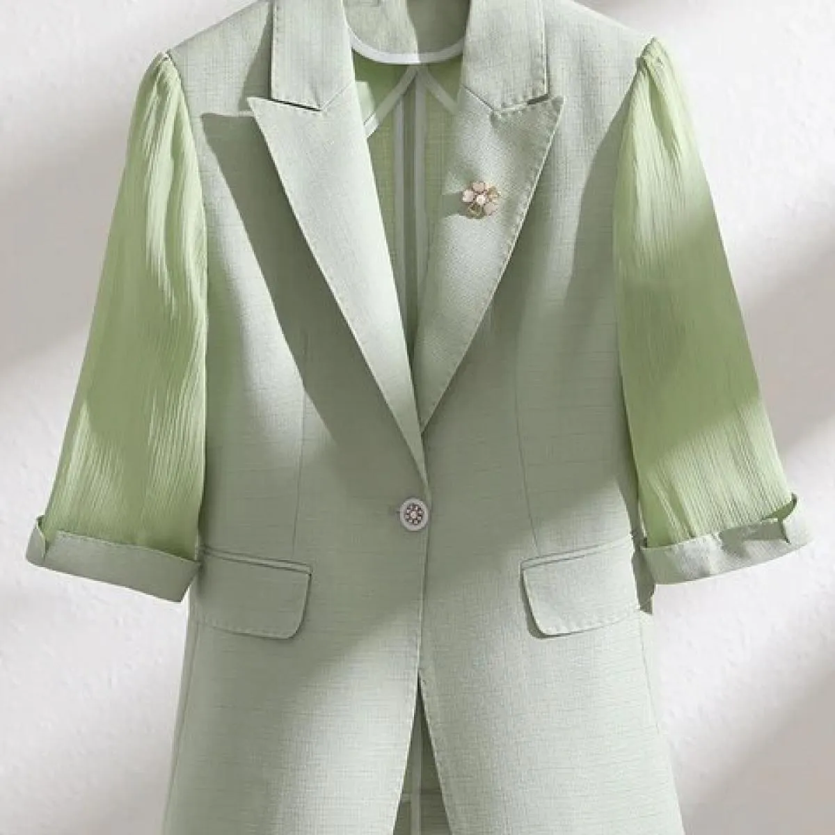 Women's Beige Green Pink Half-Sleeve Summer Spring Office Jacket for Women, Workwear Formal Jacket