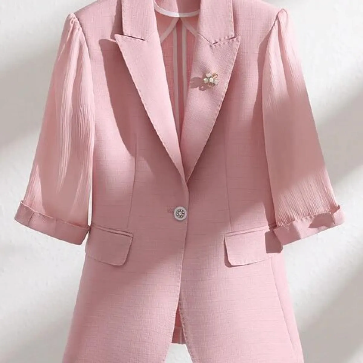 Women's Beige Green Pink Half-Sleeve Summer Spring Office Jacket for Women, Workwear Formal Jacket